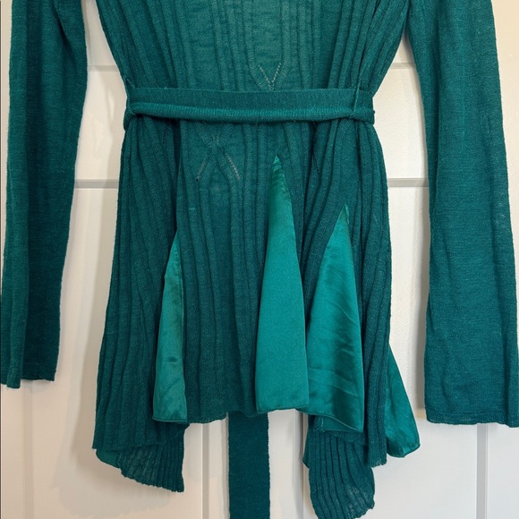 Anthro Knitted & Knotted Teal Open-Front Silk Trim Cardigan Sweater Size M NWT - Picture 13 of 15